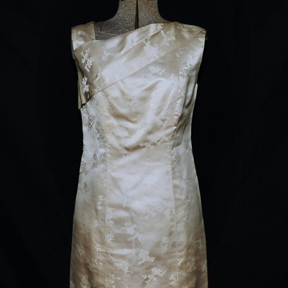 VTG Ivory Satin FloralPrint Cheongsam Sheath Dress - Picture 2 of 13